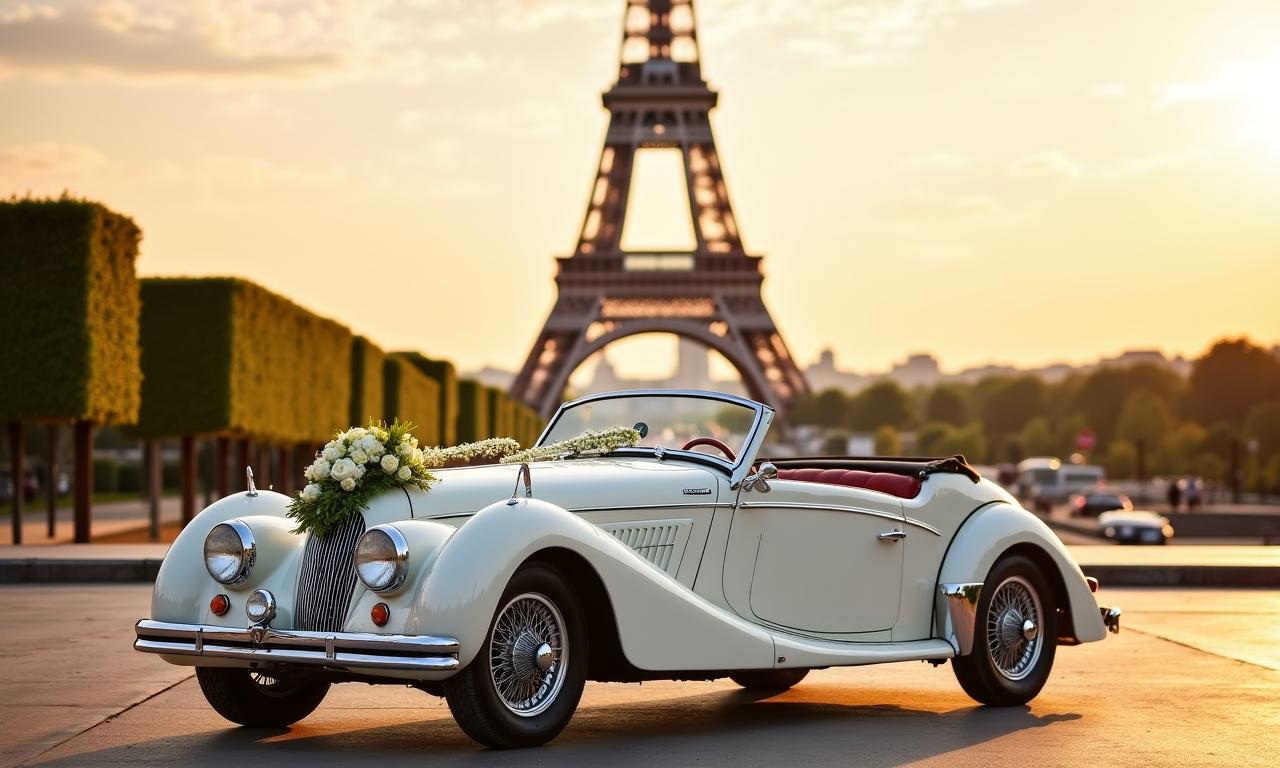 Une voiture de collection devant la Tour Eiffel lors d'un mariage